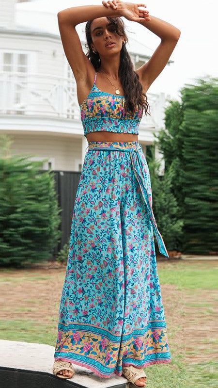 KittenAlarm - Aqua Floral Crop Top and Pants Matching Sets