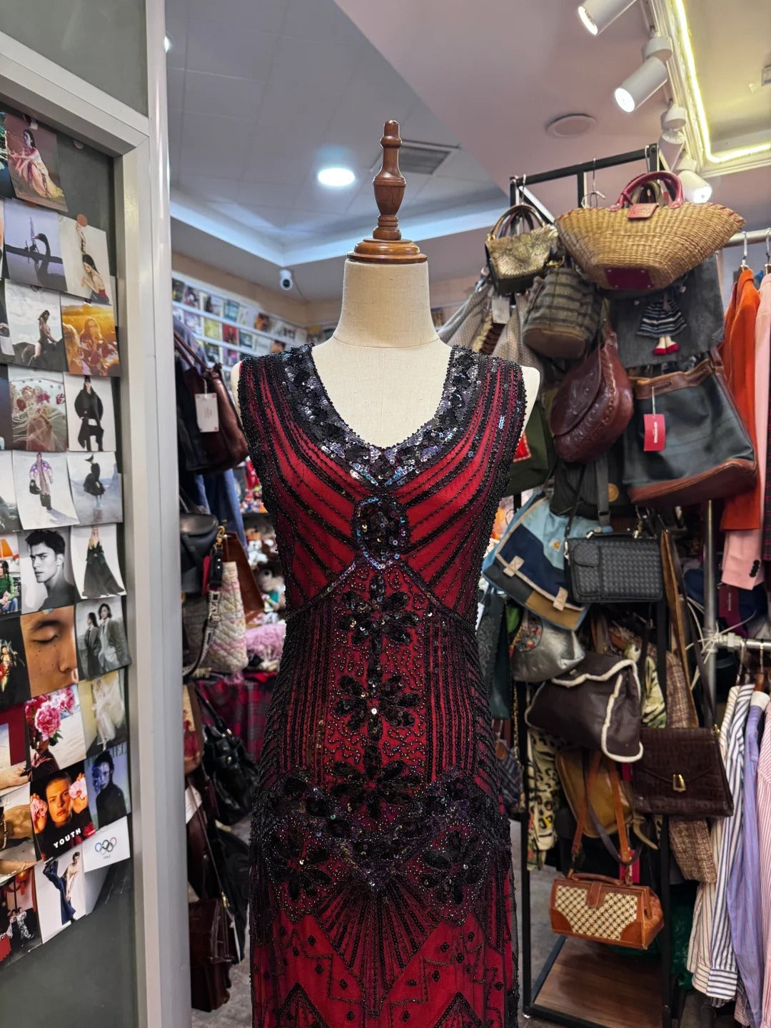 Retro Luxury Red And Black Color-Blocked V-neck Sequined Tassel Prom Dress Evening Dress P4136