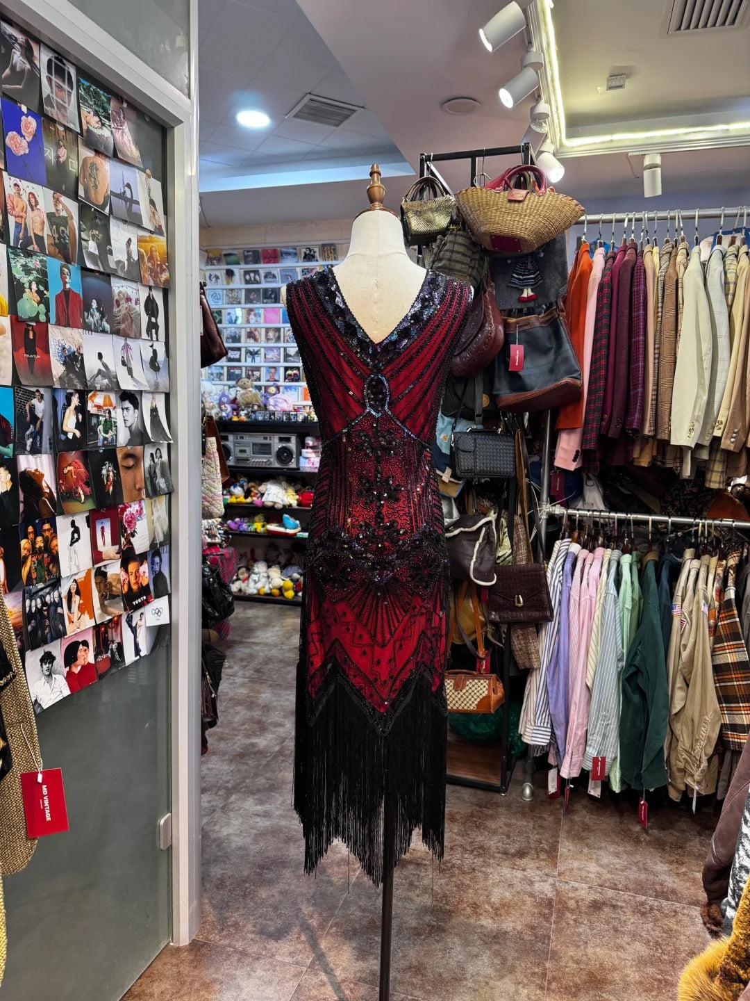 Retro Luxury Red And Black Color-Blocked V-neck Sequined Tassel Prom Dress Evening Dress P4136