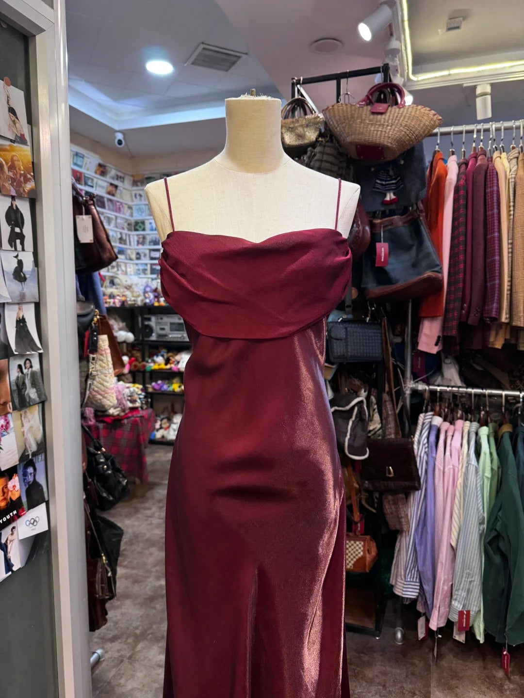 Vintage Burgundy Spaghetti Strap Halter Neck Satin Long Prom Dress Evening Dress P4137