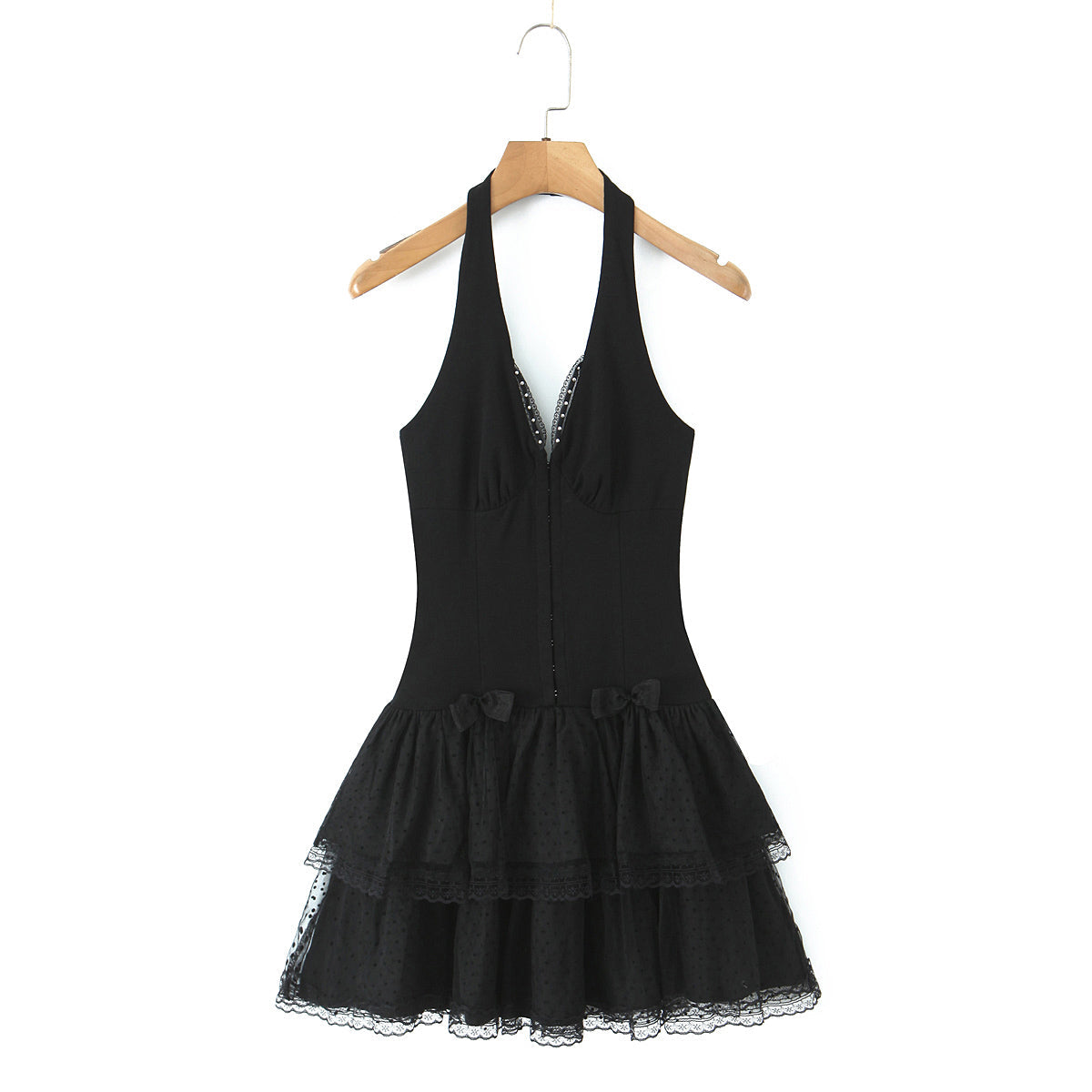 Halter Neck Deep V-Neck Lace Trim Bow Waist Tiered Mini Dress - View 2