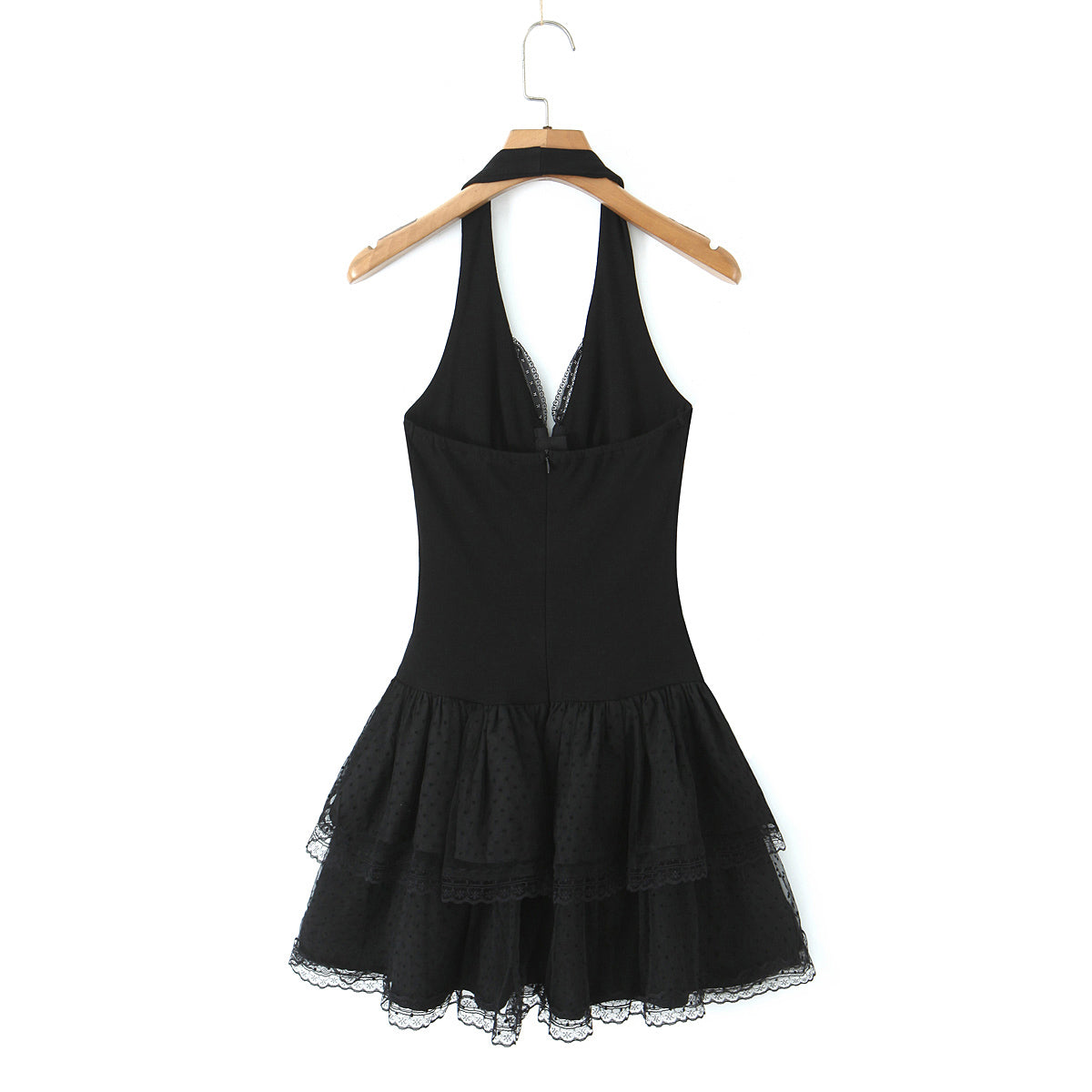 Halter Neck Deep V-Neck Lace Trim Bow Waist Tiered Mini Dress - View 3