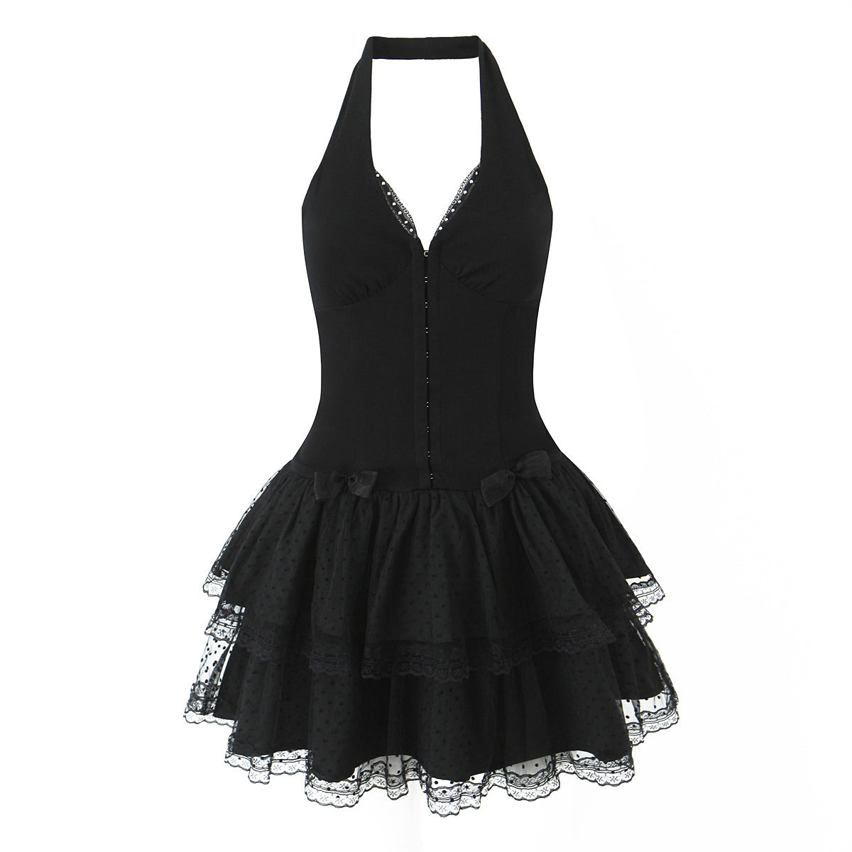 Halter Neck Deep V-Neck Lace Trim Bow Waist Tiered Mini Dress - View 4