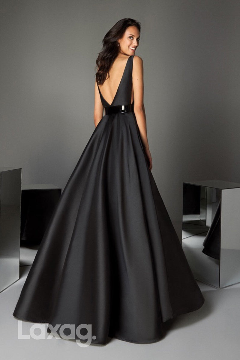 Black Low V-Neck Straps Satin Gown Evening Dress - Fashionpara