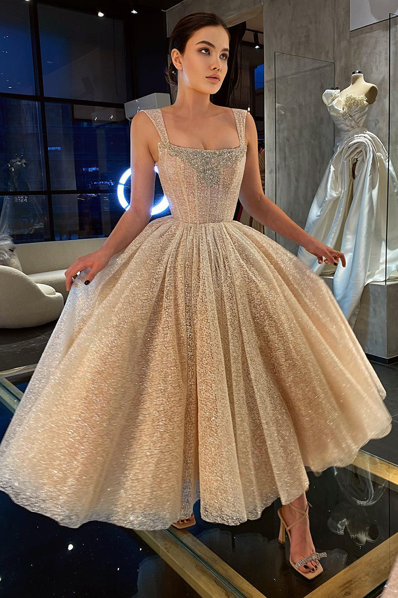 Spaghetti Glitter Knit Ankle Length Ruched Skirt Prom Dress - Fashionpara