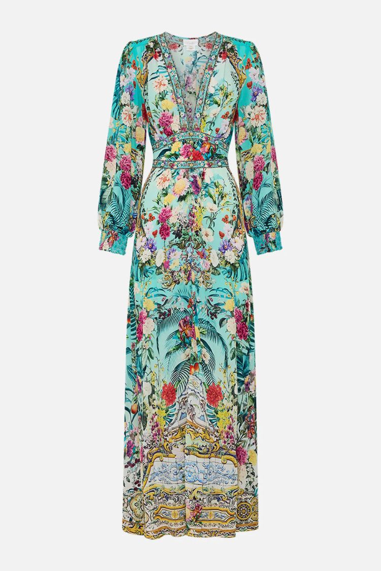Printed V-neck Long-sleeved Puff Sleeve Waist Maxi Dress - Fashionpara