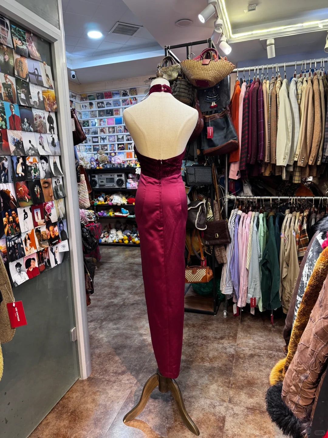 Vintage Burgundy Halter Neck Velvet Satin Long Prom Dress Evening Dress P4138