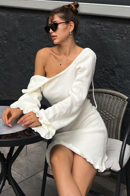 Woolen Backless Tie Detail Flared Sleeve Solid Sweater Dress