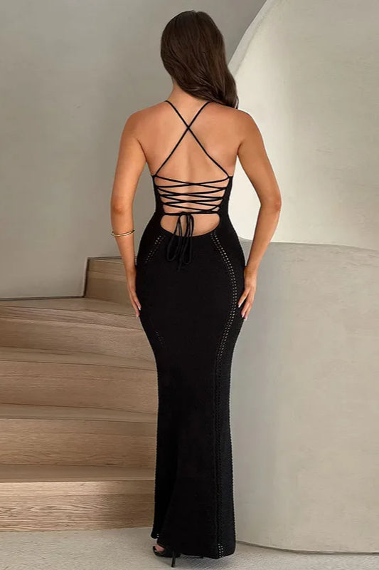 Crochet Knit Plunge Corset Mermaid Maxi Dress