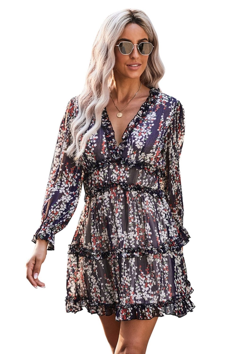 Open Back V-Neck Puff Sleeve Dress - Fashionpara