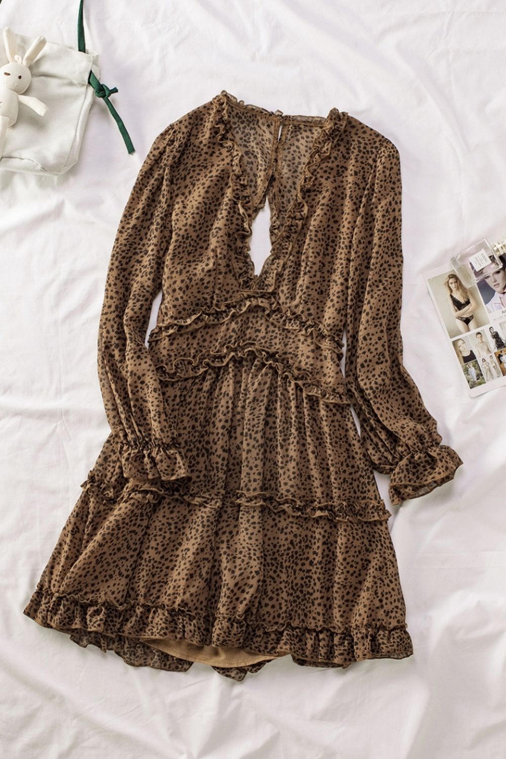 Open Back V-Neck Puff Sleeve Dress - Fashionpara