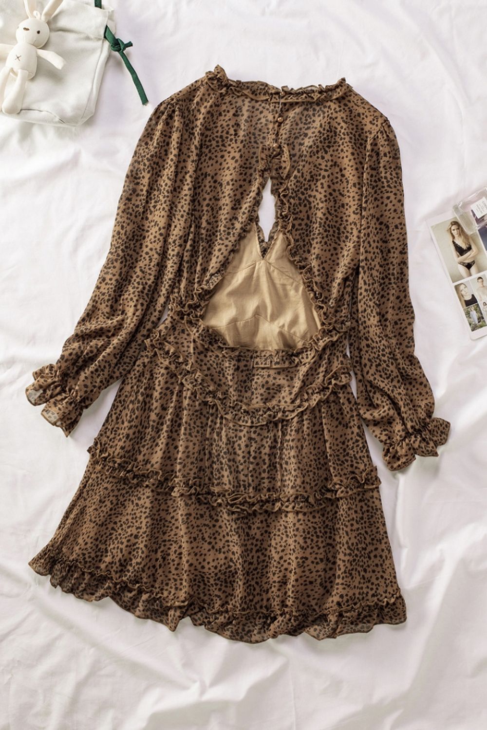 Open Back V-Neck Puff Sleeve Dress - Fashionpara