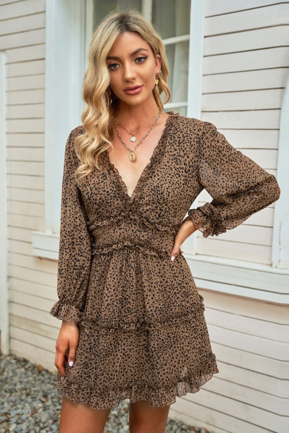 Open Back V-Neck Puff Sleeve Dress - Fashionpara