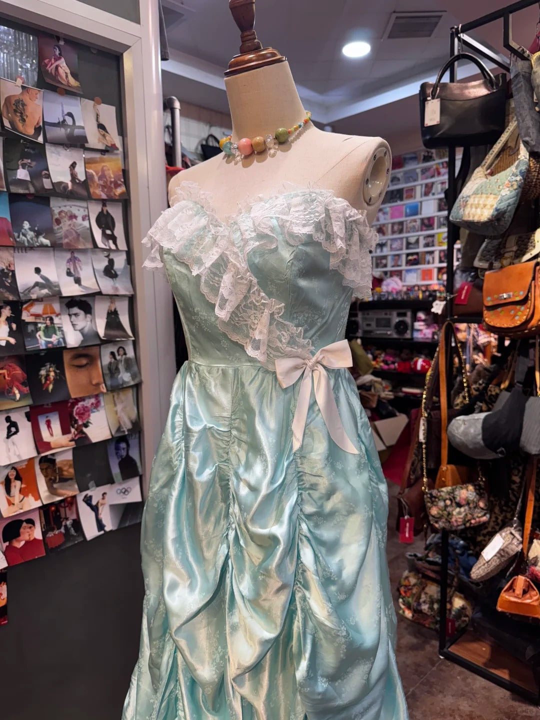 French Retro Mint Green A-line Strapless Lace Ruffle Satin Long Prom Dress Evening Dress P4139