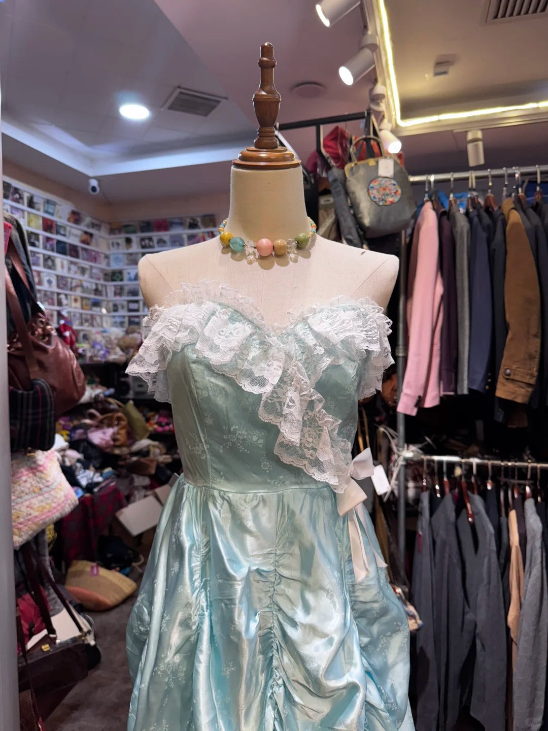 French Retro Mint Green A-line Strapless Lace Ruffle Satin Long Prom Dress Evening Dress P4139