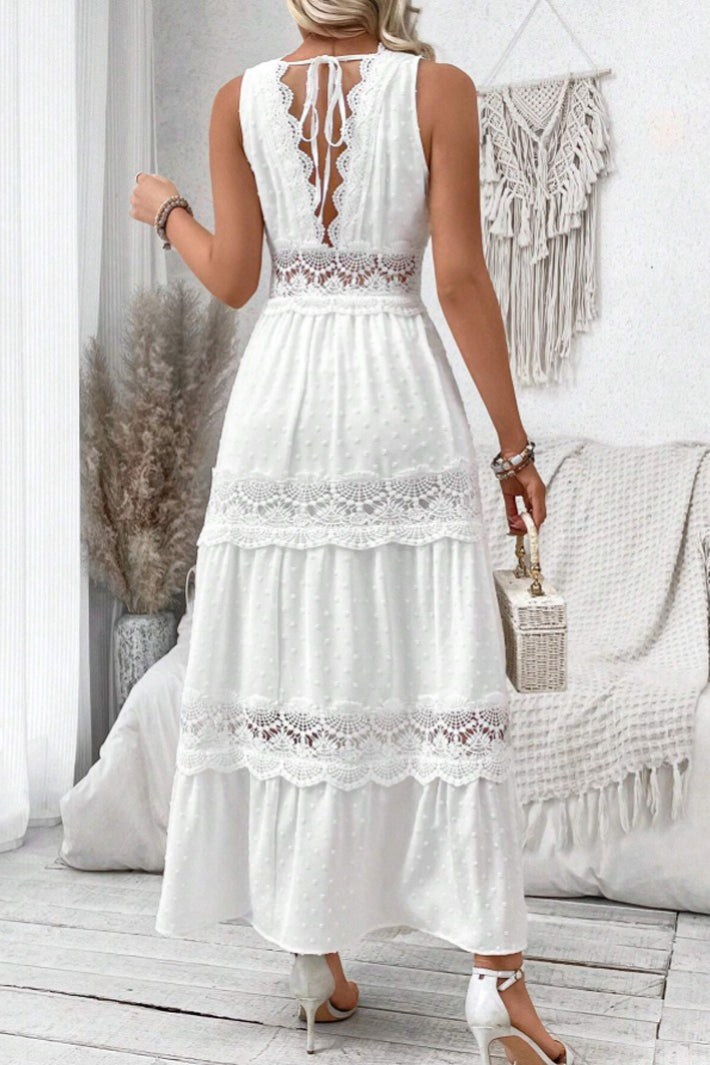 Lace Trim V-Neck Sleeveless Tiered Maxi Dress