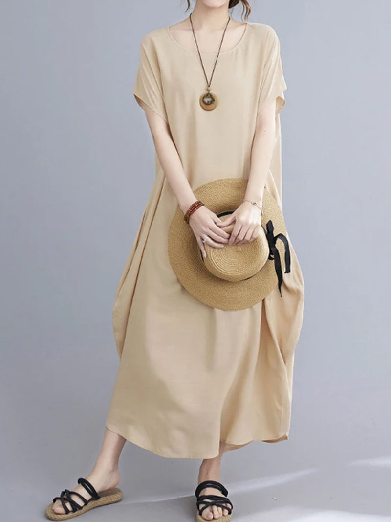 Cotton Round Neck Short Sleeve Cocoon Midi Dress 15