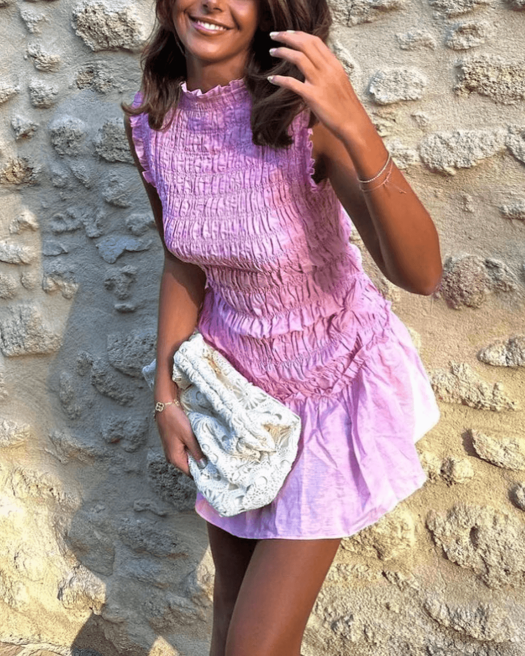 V-neckline Smocked Mini Dress - Fashionpara