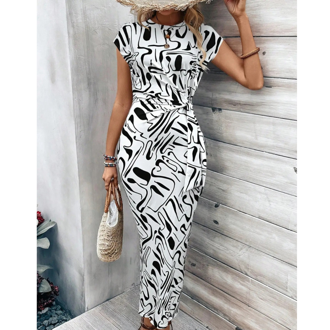 Striped Round Neck Cap Sleeve Twist Front Bodycon Midi Dress 13