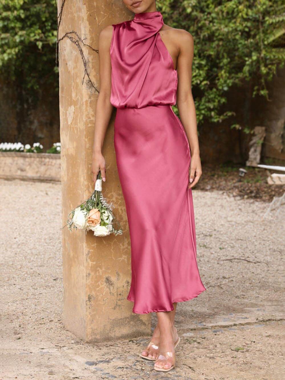 Satin High Neck Sleeveless Ruched Bias Cut Midi Dress - View 4