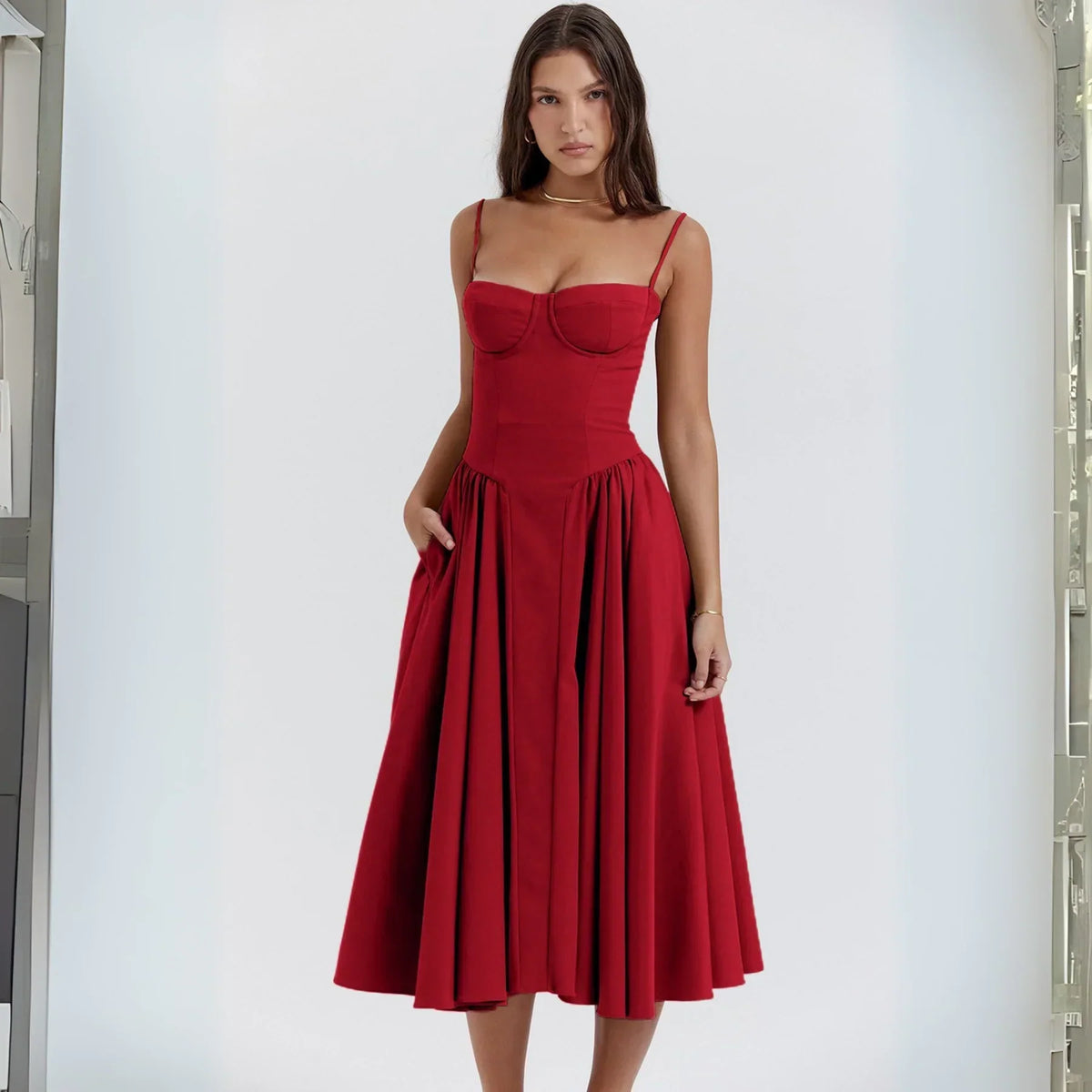 Strapless Corset Bustier Fit and Flare Midi Dress 13