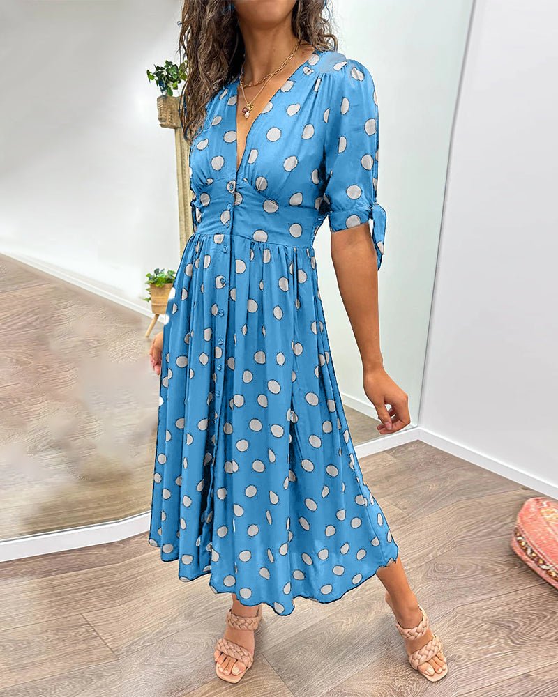 Polka Dot Deep V-Neck Button Front Puff Sleeve Tie Cuff Midi Dress - View 19