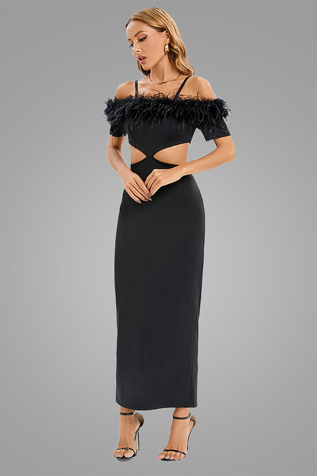 Cutout Feather Trim Spaghetti Strap Dress - Fashionpara