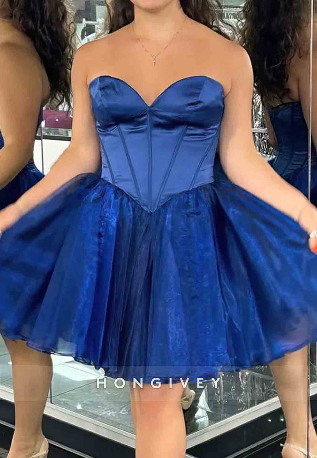 Strapless A-Line Pleated Sweetheart Low Back Short Homecoming Dresses
