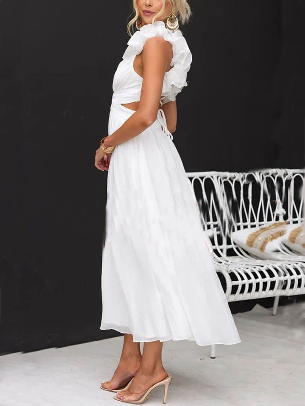 Floral Ruffle Detail Back Lace-Up Elastic Waist Maxi Dress - Fashionpara