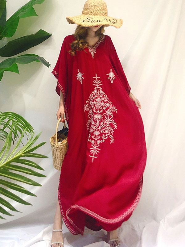 Floral Embroidered V-Neck Bohemian Kaftan Maxi Dress 2