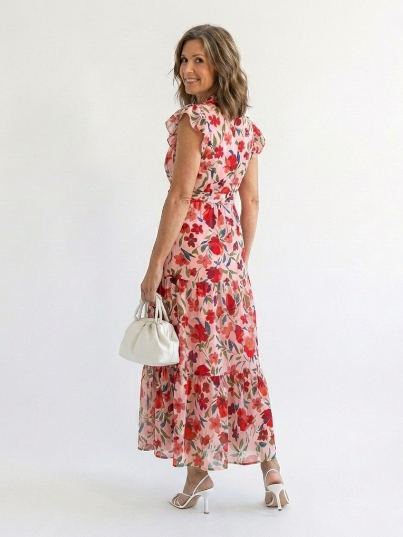 Floral Ruffle Sleeve Split Neck Tiered Maxi Dress 8