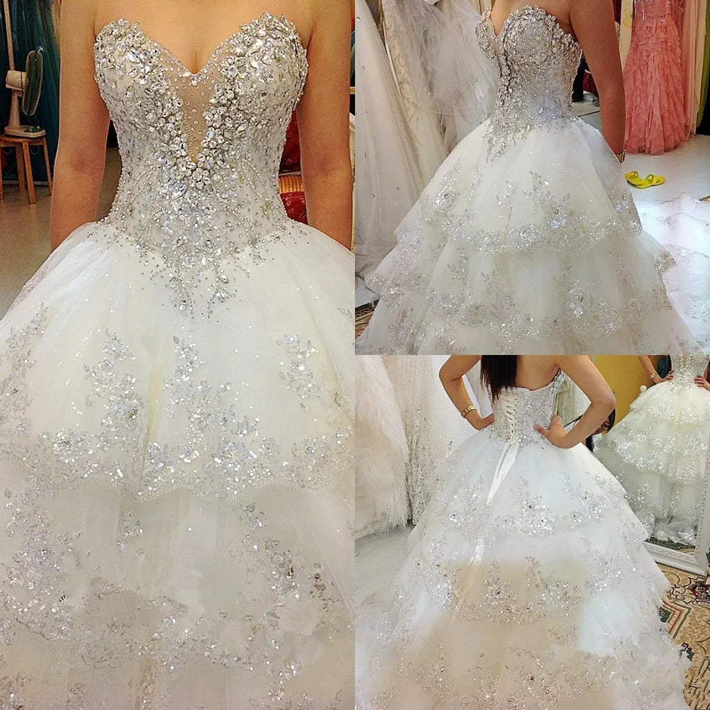 Luxury Ball Gown Fluffy Wedding Dresses Plus Size Tulle Lace Crystal Diamond Wedding Gowns