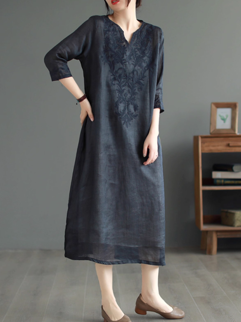 Embroidered Linen Notch-Neck Long-Sleeve Shift Midi Dress 6