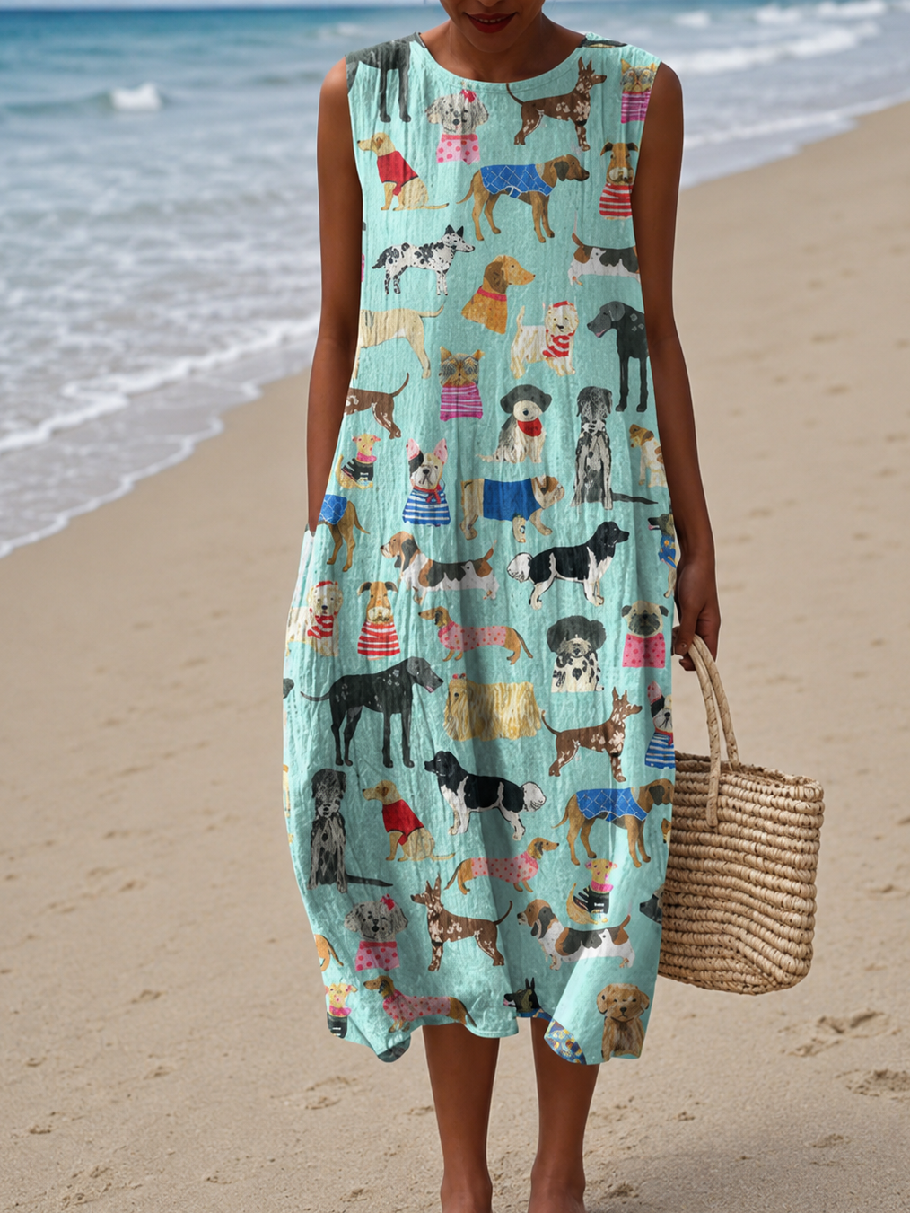 Dog Print Sleeveless Pocket Midi Dress