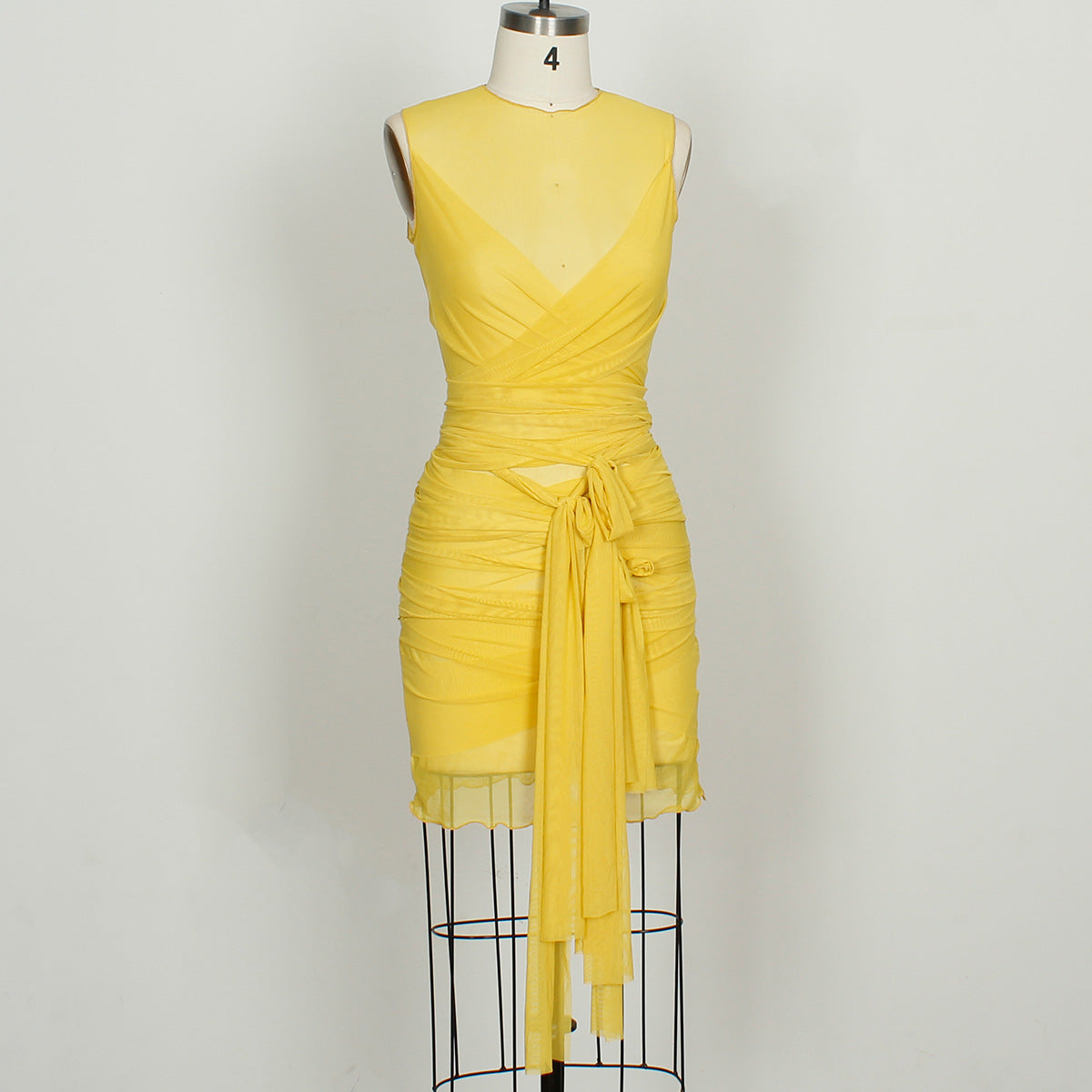 Sheer Mesh Wrap Tie Ribbon Mini Dress - Fashionpara