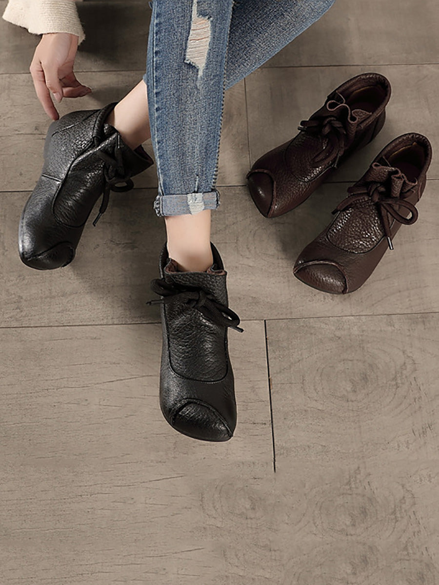 Retro Soft Leather Spliced Strap Low Heel Boots
