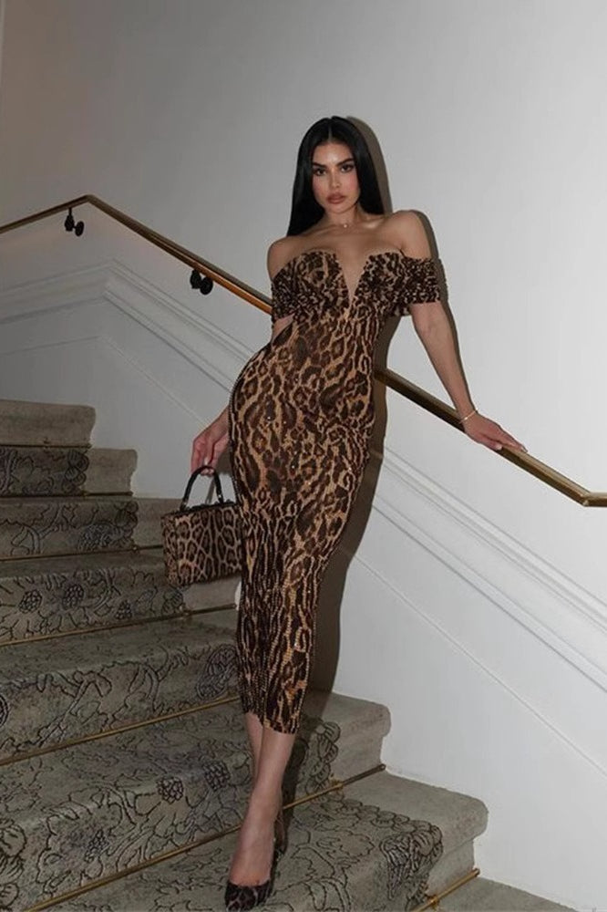 Leopard Print Off Shoulder Cut Out Bodycon Midi Dress