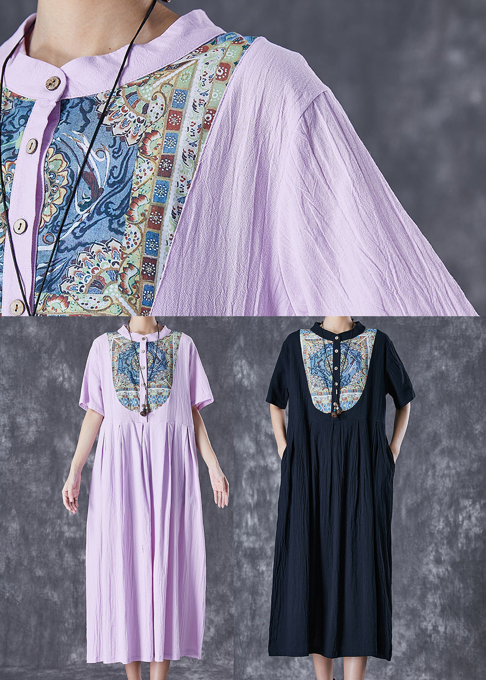 Stand Collar Short Sleeve Crinkle Woven Bib Panel Midi Dress - View 5