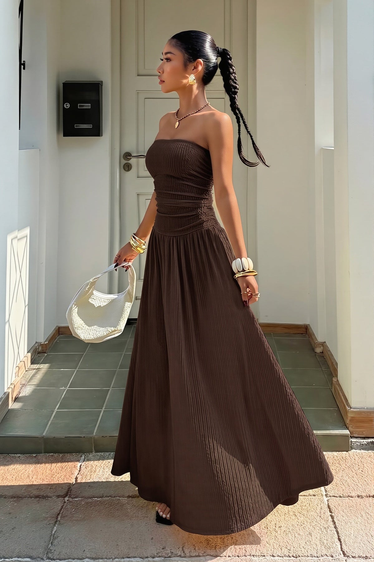 Strapless Ruched Drop Waist A-Line Maxi Dress
