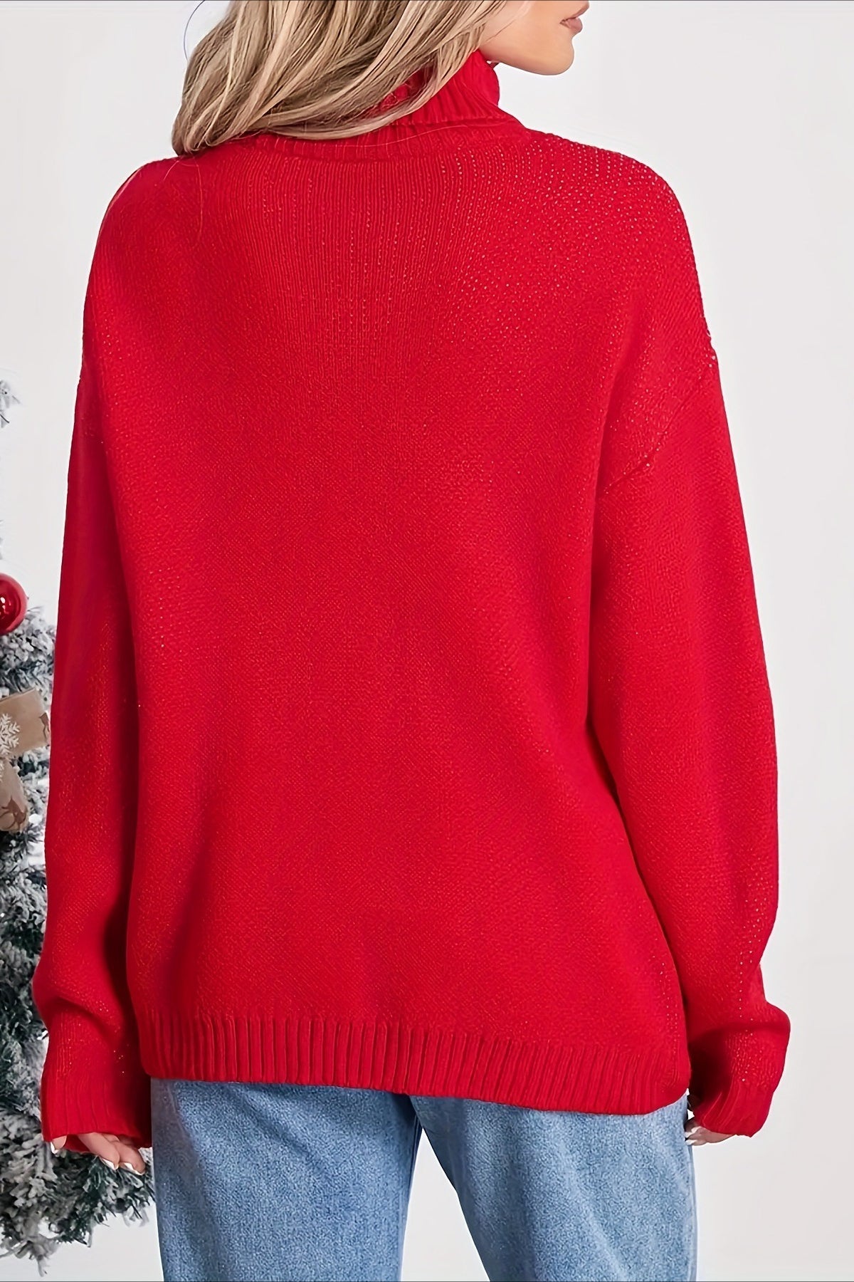 Cozy Turtleneck Moose Print Color Block Sweater