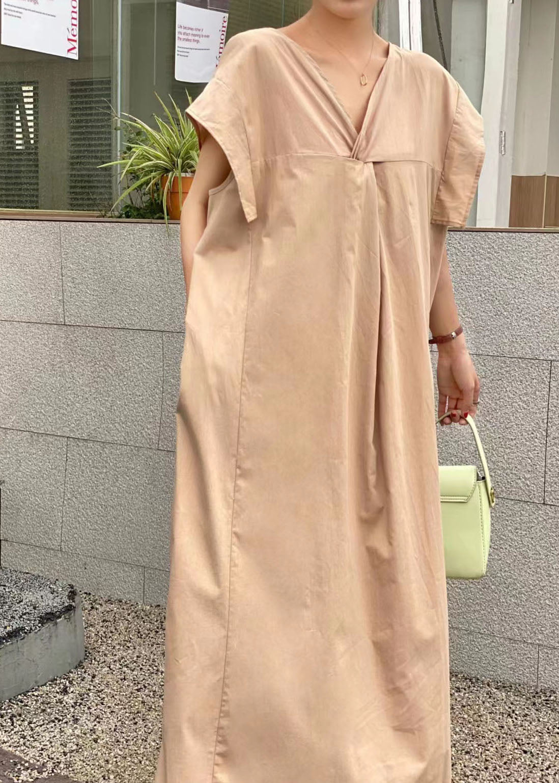 Linen Texture V-Neck Twist Front Cap Sleeve Pocket Midi Dress - View 4