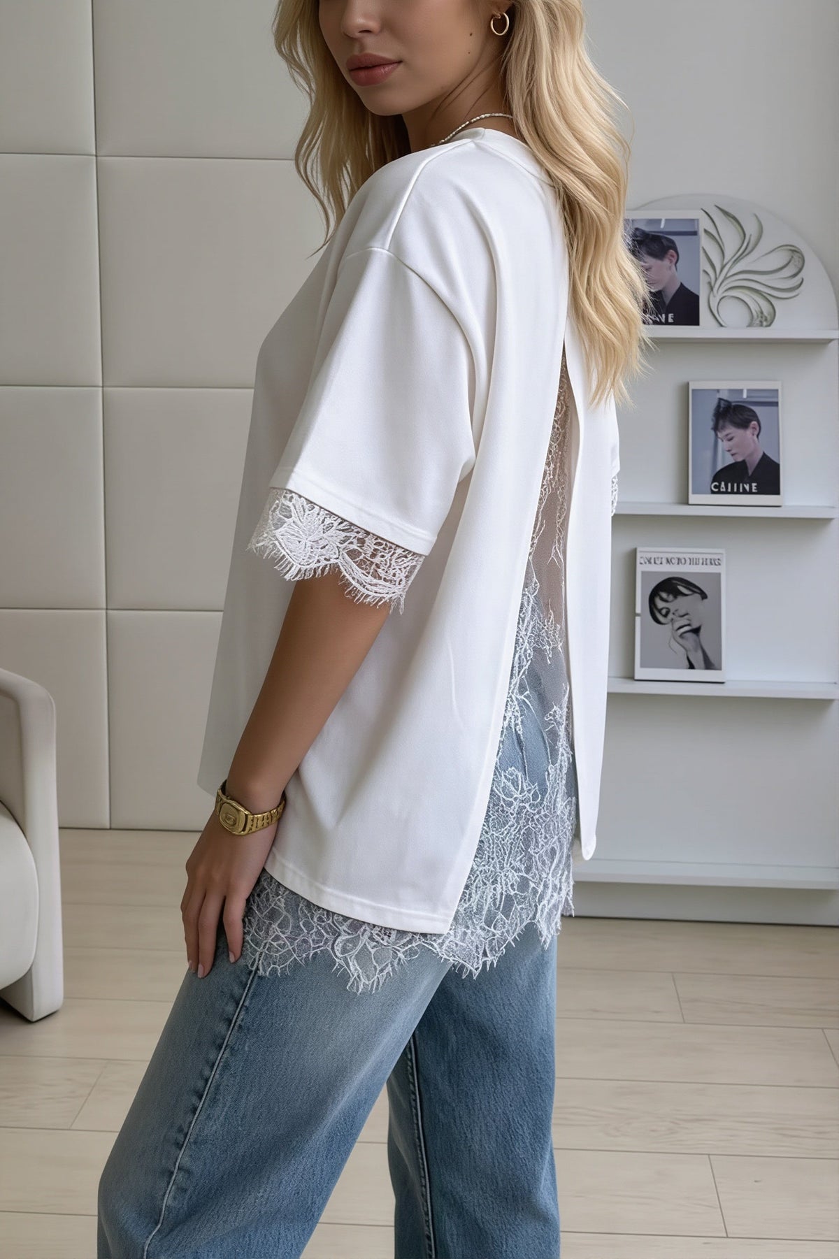 Lace Splice Back Slit Oversize T-Shirt