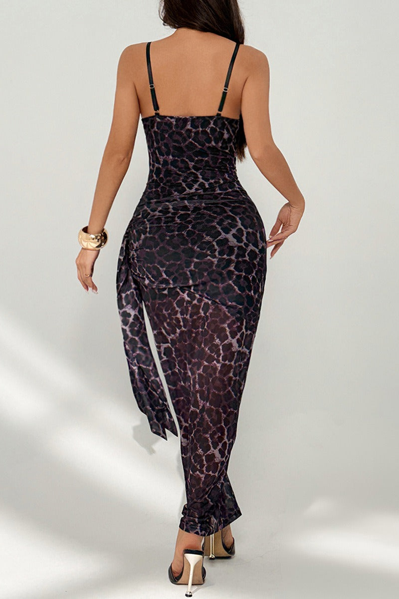 Leopard Print Corset Ruched Bodycon Maxi Dress