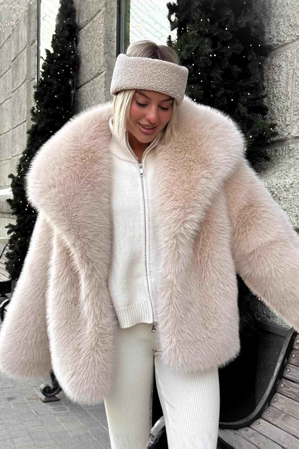 Fluffy Faux Fox Fur Notch Collar Warm Winter Coat