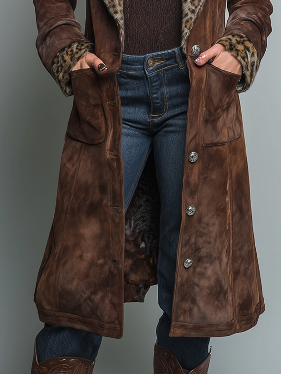 Retro Leopard Print Eco-friendly Fur Collar Polyester Suede Coat - Fashionpara