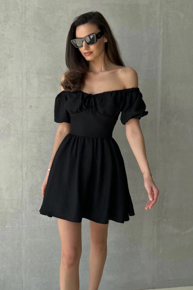 Off Shoulder Puff Sleeve Fit & Flare Mini Dress