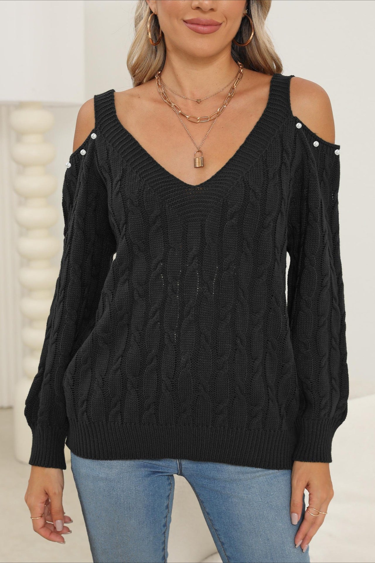 PrincessAce Deep V Off-Shoulder Pullover Sweater for Women