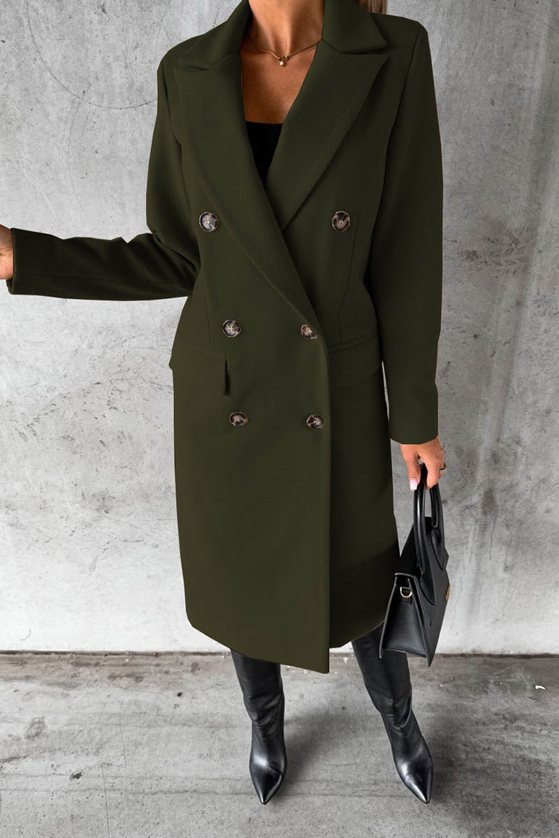 Solid Color Long Sleeve Double Breasted Coat with Pockets - Fashionpara