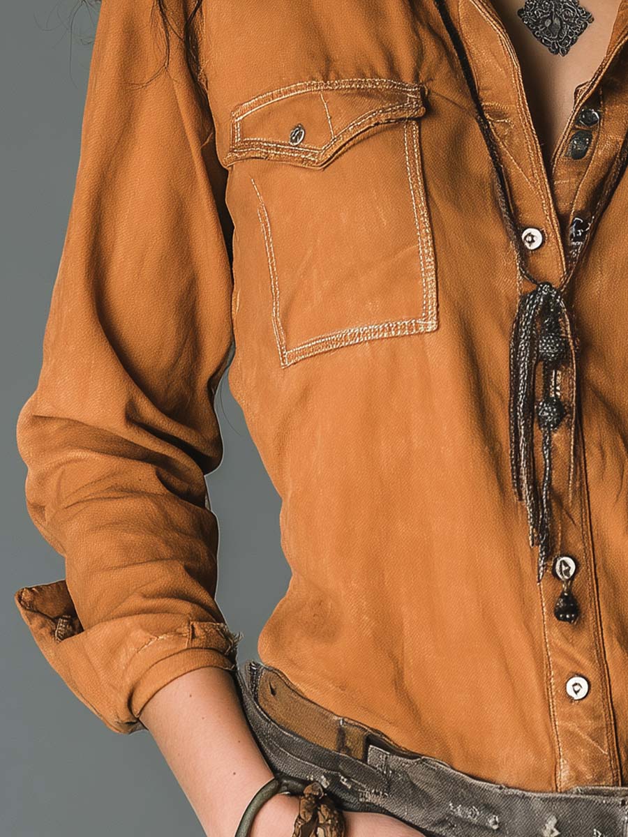 Vintage Caramel Soft Cotton Utility Pocket Shirt - Fashionpara
