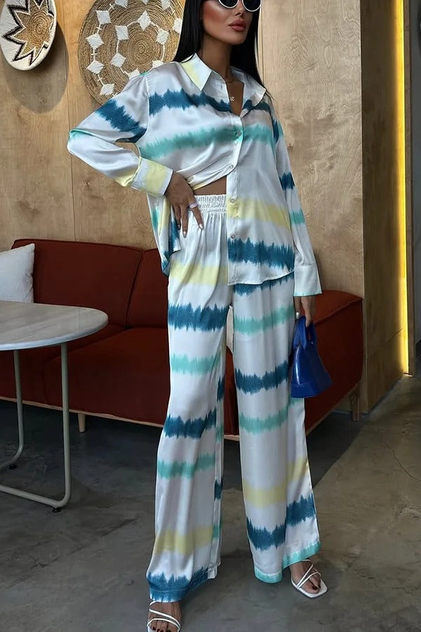 Lizbeth Satin Tie Dye Print Long Sleeve Shirt and Elastic Waist Pocketed Pants Set - Fashionpara